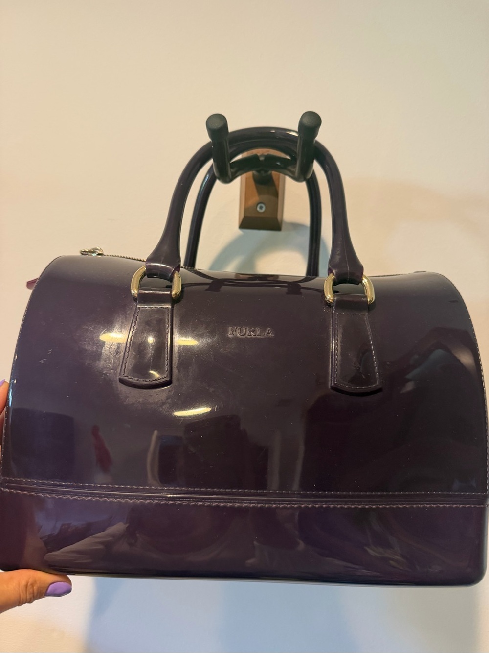 Furla Candy Glossy Purple Patent Satchel with Gold Hardware - Picture 5 of 9